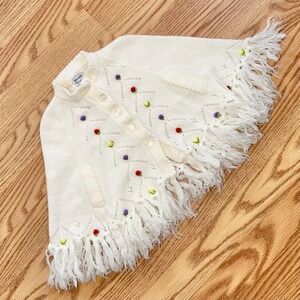 Vintage 70s May Knit Fringe Poncho Cape Kids 2/4 Ivory Knit Boho